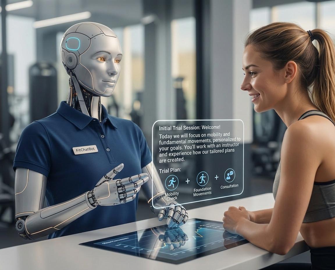 FitChatBot zeigt einer Kundin den Probetraining-Plan und bucht den Termin